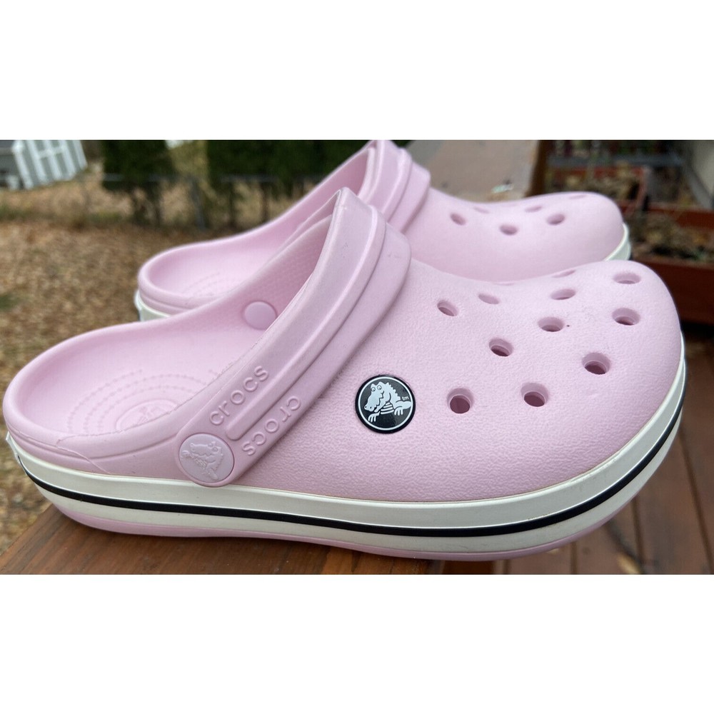 Crocs Crocband Pink w/ Navy Stripe Girls Slides Shoes J1 NICE